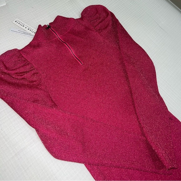 NWT Alice + Olivia Issa Turtleneck Puff Sleeve Dress Wild Pink Metallic - Picture 4 of 9